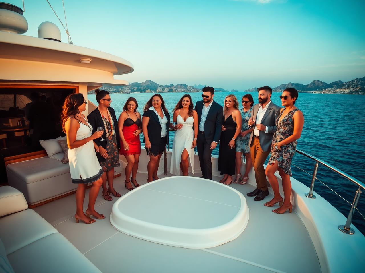 Grupo privado celebrando en la cubierta de un yate de lujo
